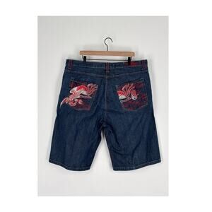 Miskeen Originals Mens Jean Shorts Y2K Denim Embroidered Dragon Size 44 Blue Red